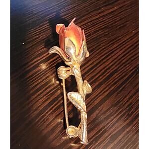 Long Stem Red Rose Bud Pin Brooch, Gold Toned and Shades of Red